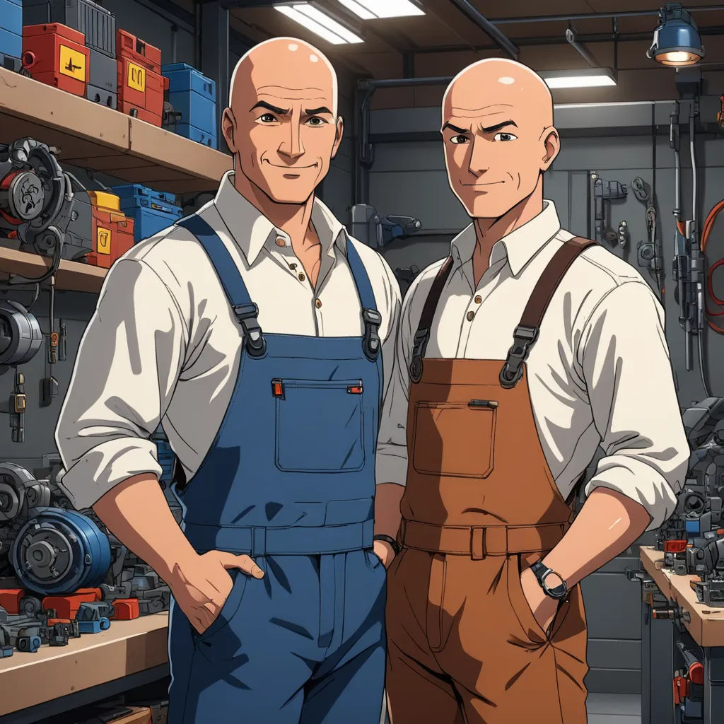 two men standing in a garage with tools on the shelves behind them and a man in overalls standing next to them, remodernism, computer graphics, Brothers Hildebrandt, official art