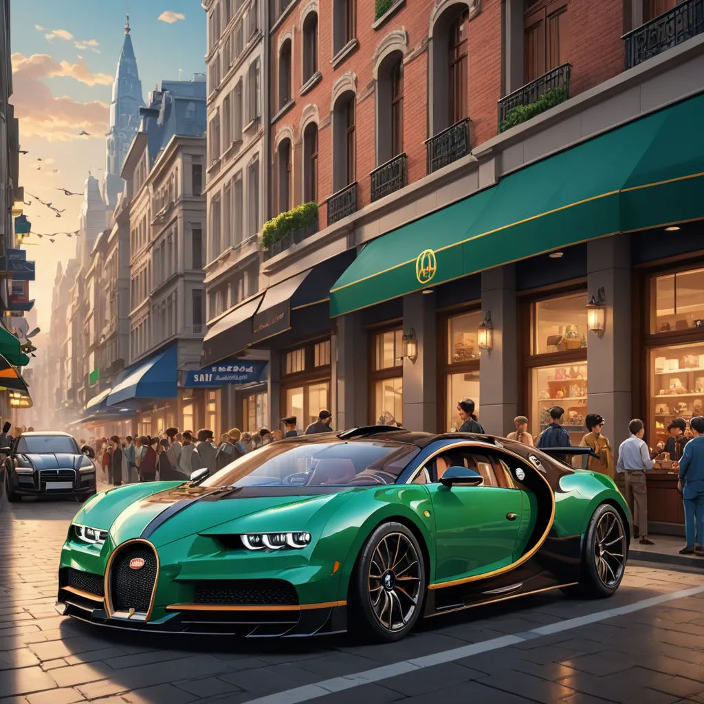 a green bugatti car parked on the side of a street next to a building with people walking by, photorealism, a detailed matte painting, Evgeny Lushpin, dan mumford. octane render