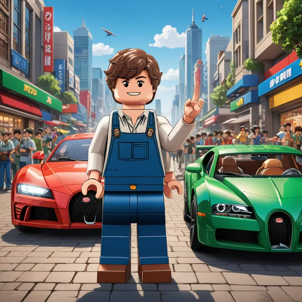 a lego man standing in front of a green sports car and a green sports car in a city street, photorealism, a character portrait, Andrew Law, promotional image