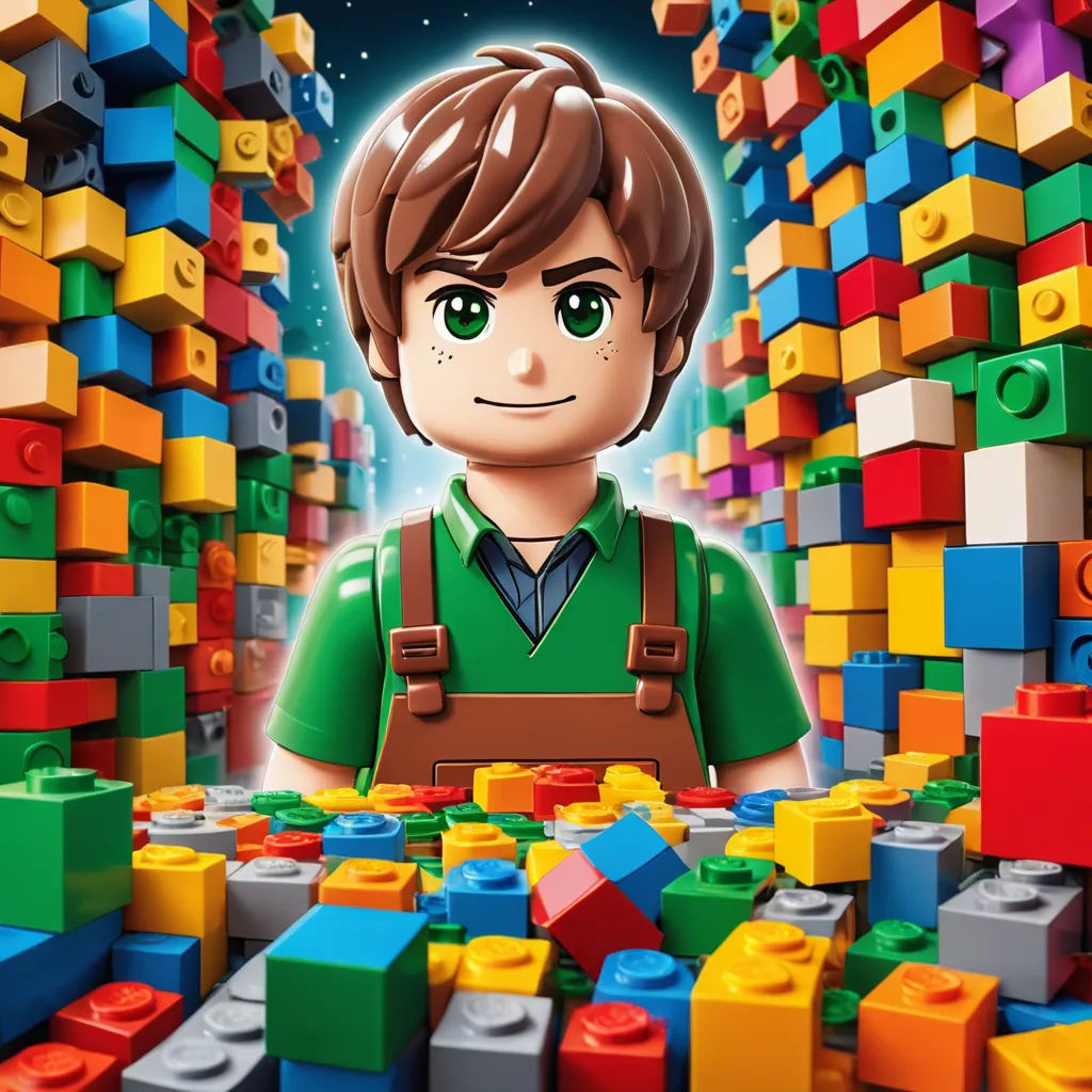 a lego man standing in front of a pile of legos with a green shirt and brown apron on, lyco art, poster art, Edward George Handel Lucas, promotional image