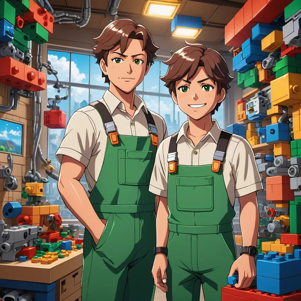 two men in overalls standing in front of a building made of legos and a window with a sky background, lyco art, concept art, Brothers Hildebrandt, official art