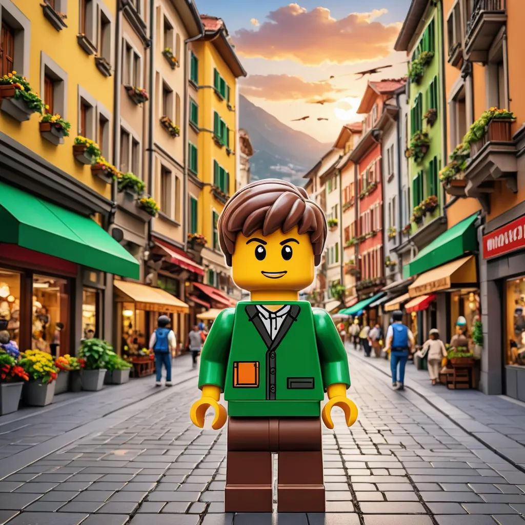 a lego man is standing in the middle of a street in a town with buildings and people walking around, photorealism, a character portrait, Avgust Černigoj, promotional image