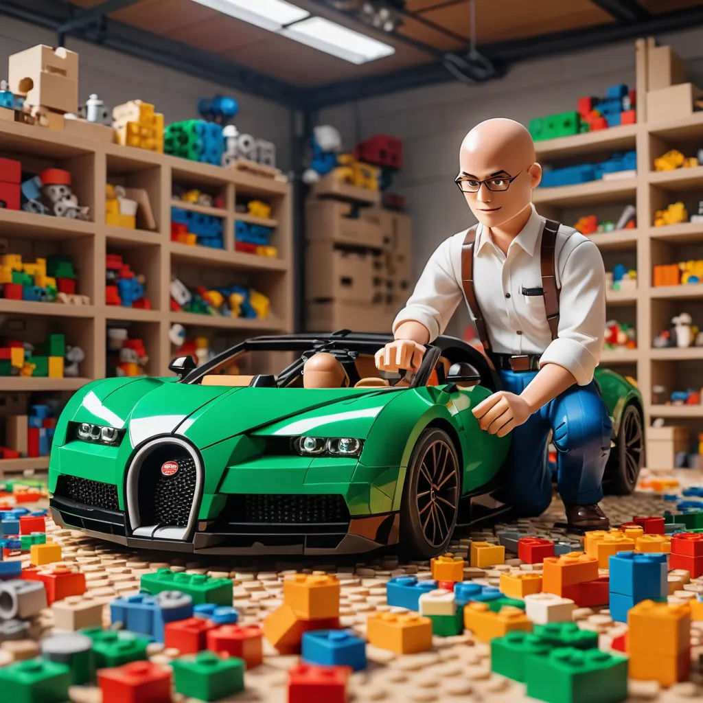 a man is playing with a green toy car in a room full of legos and shelves of shelves, arbeitsrat für kunst, a tilt shift photo, Altichiero, promotional image