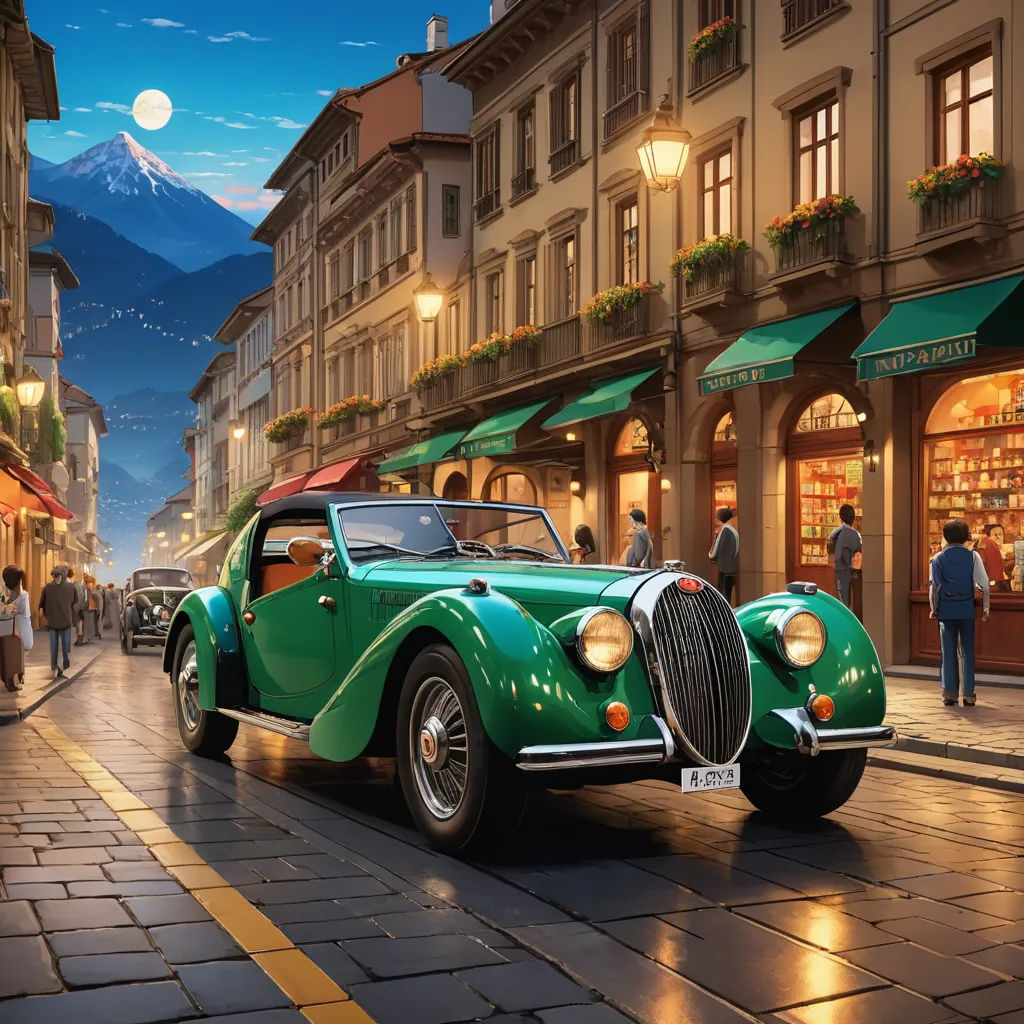 a green car parked on a street next to a building with a mountain in the background at night time, photorealism, a detailed matte painting, Evgeny Lushpin, highly detailed digital painting