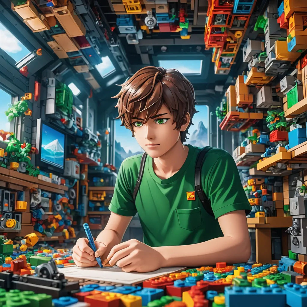 a boy is writing in a lego store with a lot of legos on the shelves and a lot of legos on the floor, photorealism, computer graphics, Chris LaBrooy, rossdraws global illumination