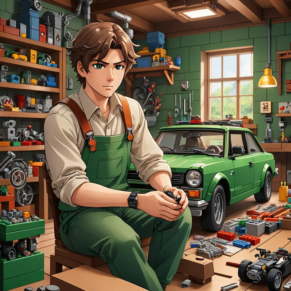 a man sitting in a garage with a green car in the background and a green car in the foreground, sots art, computer graphics, Andrew Stevovich, official art