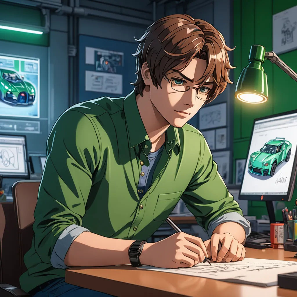 a man sitting at a desk with a pen and paper in front of him and a car on the desk, sots art, computer graphics, Cedric Seaut (Keos Masons), official art
