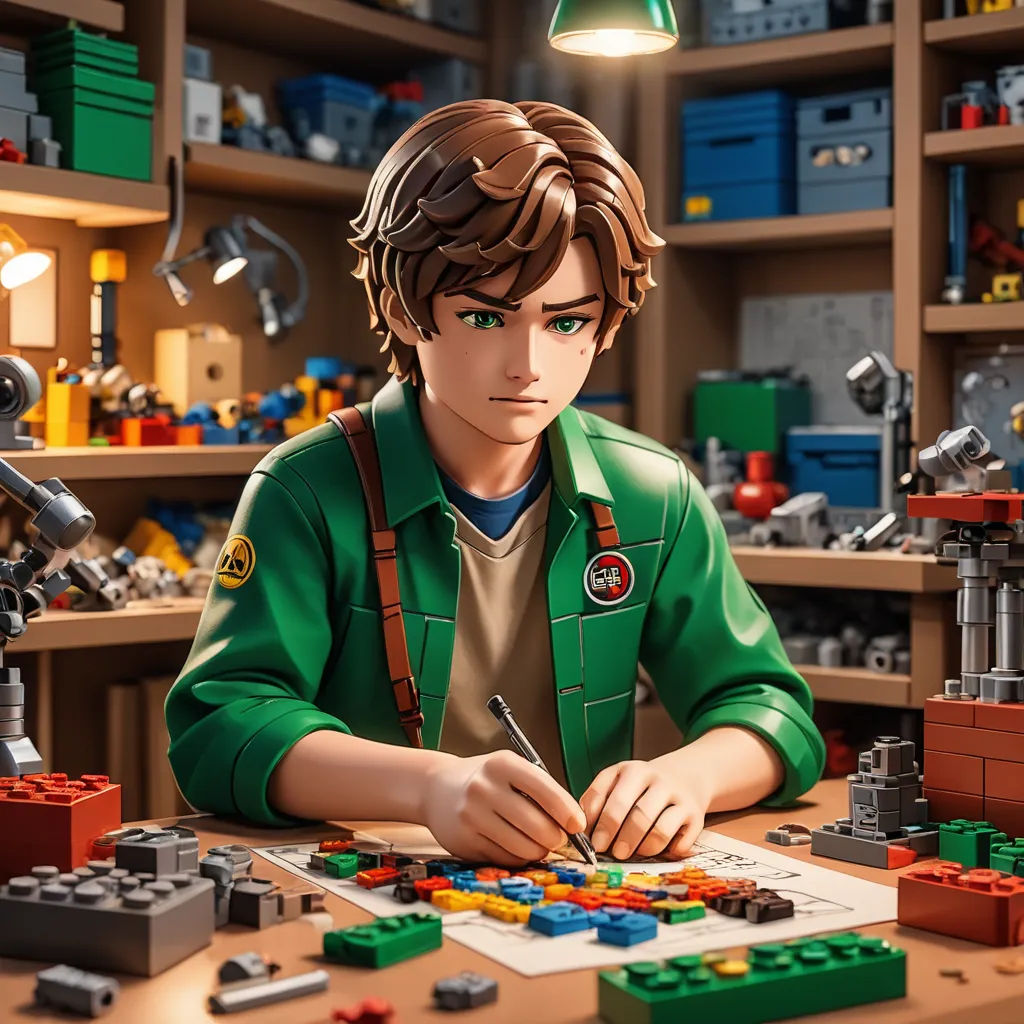 a man in a green jacket is sitting at a table with legos and a pen and paper in front of him, photorealism, computer graphics, Dean Roger, unreal engine highly rendered