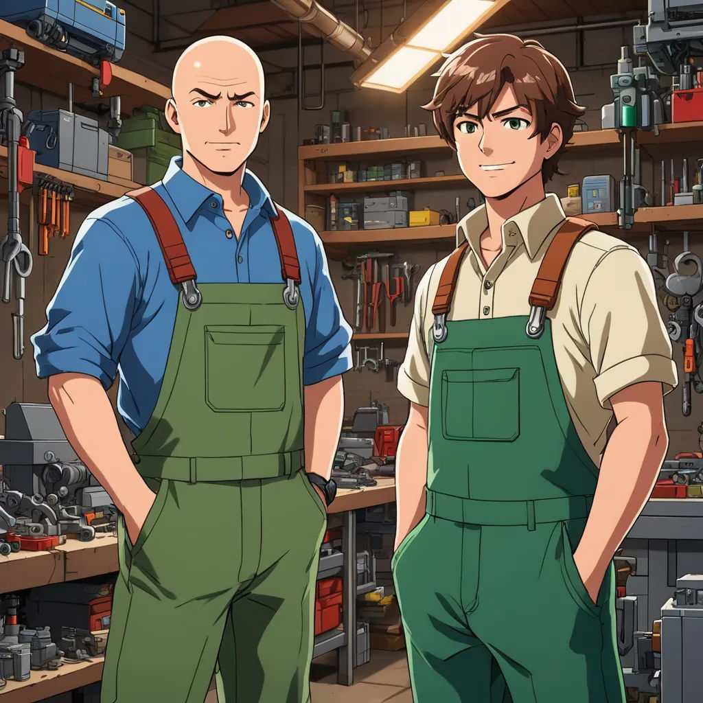 two men standing in a shop with tools on shelves behind them and a shelf full of tools behind them, remodernism, computer graphics, Brothers Hildebrandt, official art