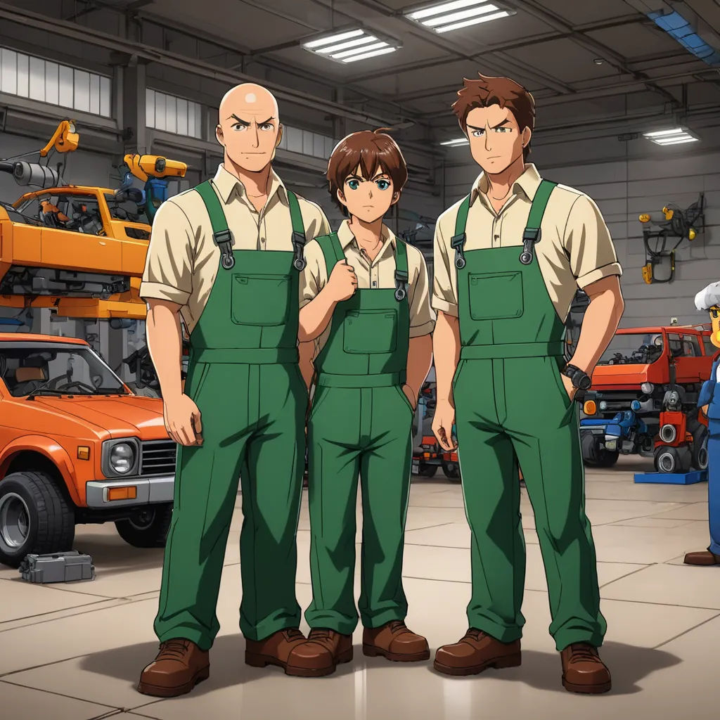 three men in green overalls standing in a garage with a truck in the background and a man in a blue shirt and tie, sots art, computer graphics, Brothers Hildebrandt, official art