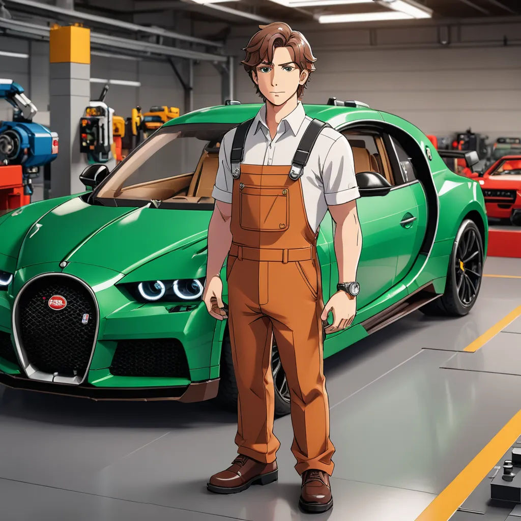 a man standing next to a green car in a garage with other cars in the background and a man in a white shirt and brown pants, rayonism, computer graphics, Bernardo Cavallino, ghibli