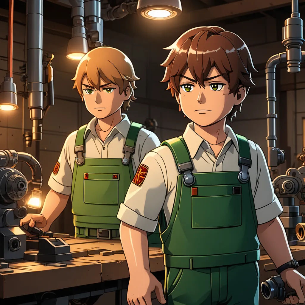 two anime characters standing in a factory with machinery in the background and a light on the ceiling above them, sots art, concept art, Brothers Hildebrandt, official art