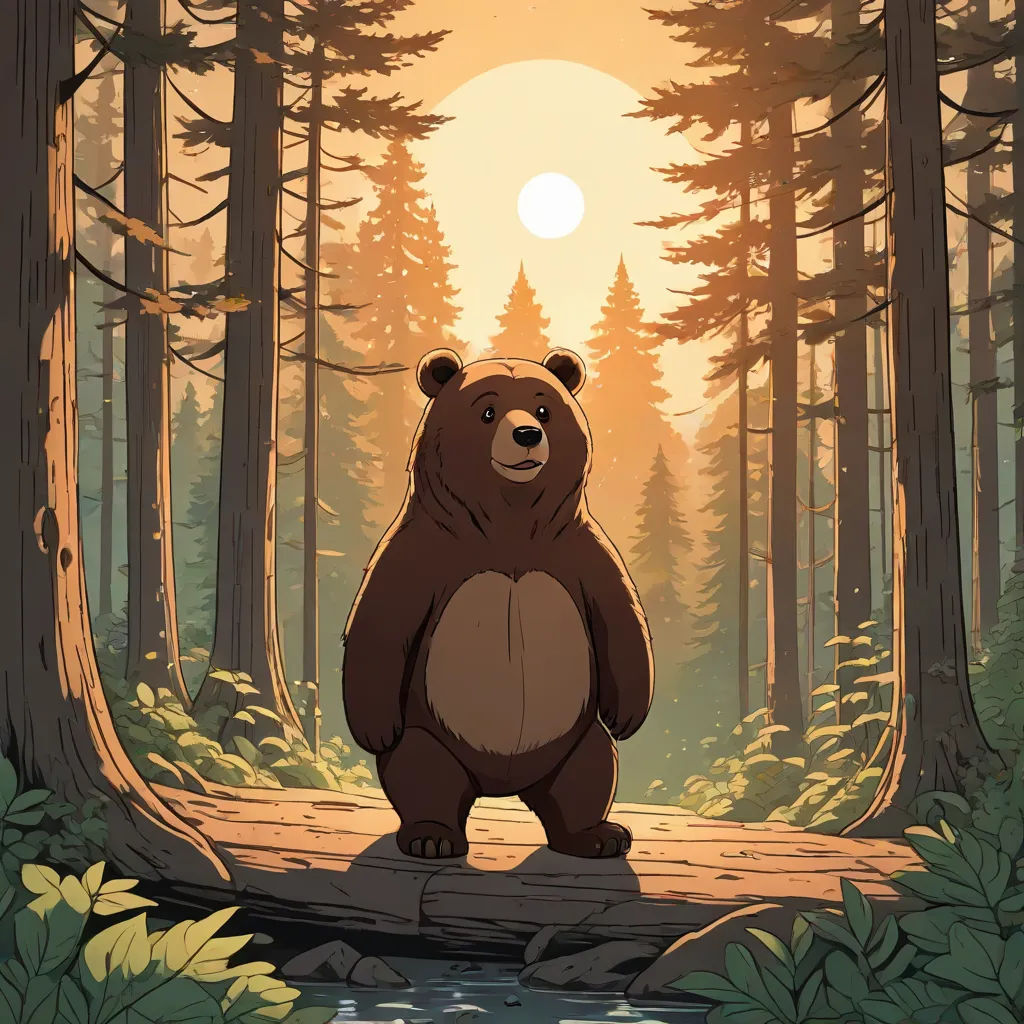 a bear standing on a log in a forest at sunset with the sun shining through the trees and the water, environmental art, a storybook illustration, Dan Mumford, official art