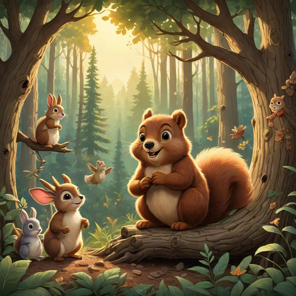 a painting of a squirrel and other animals in a forest with a sunbeam in the background and a forest scene with trees and animals, furry art, a storybook illustration, Chris LaBrooy, official art