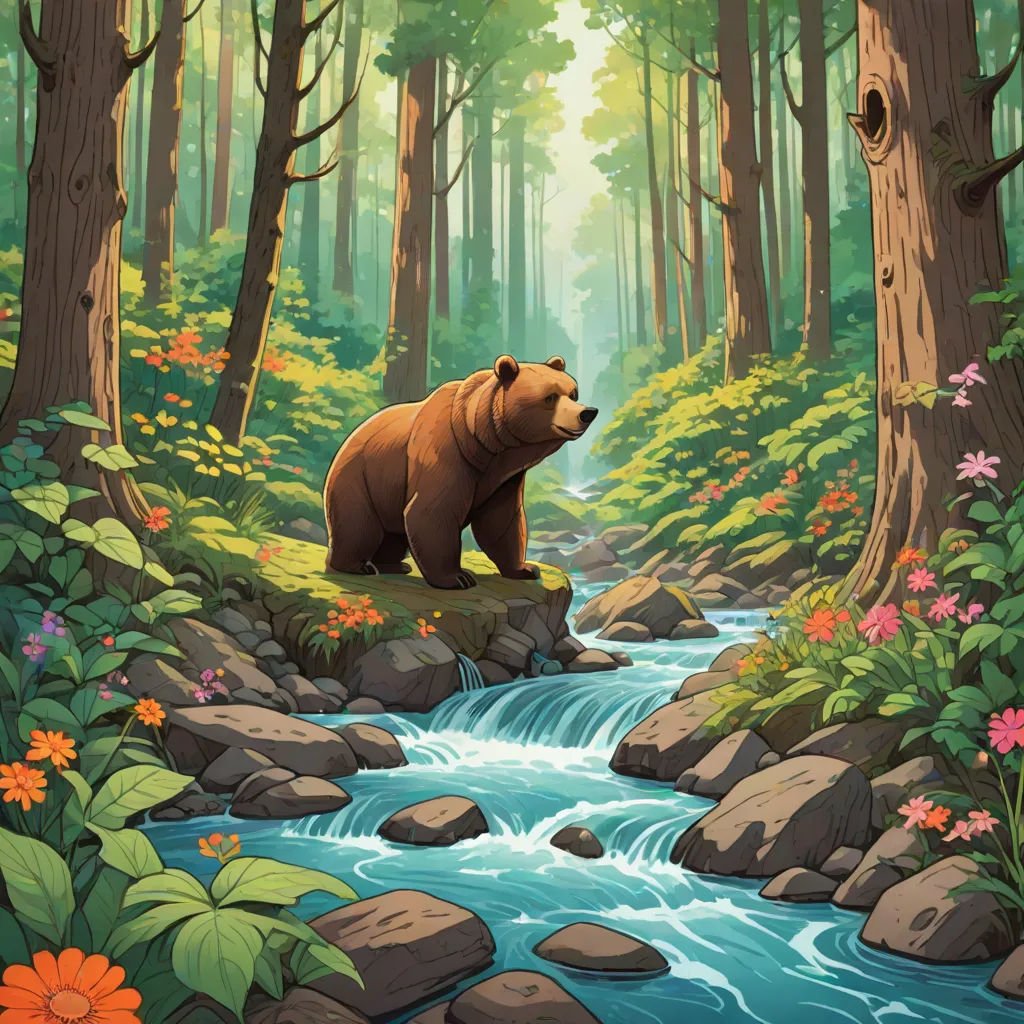 a bear is sitting on a rock in the woods by a stream of water and flowers, and a forest with rocks and flowers, environmental art, a storybook illustration, Chris LaBrooy, official art