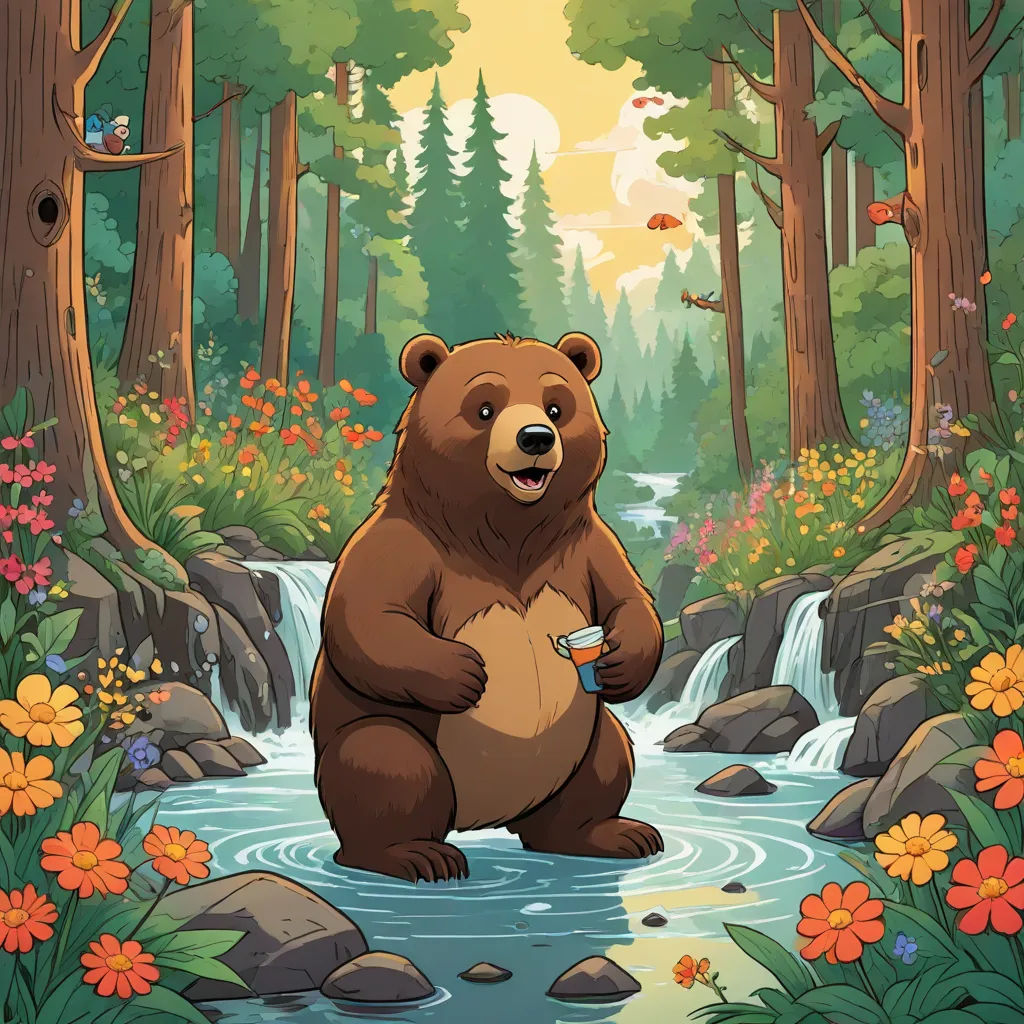 a bear standing in a stream surrounded by trees and flowers with a bird flying above it and a forest with flowers and a stream, environmental art, a storybook illustration, Chris LaBrooy, official art