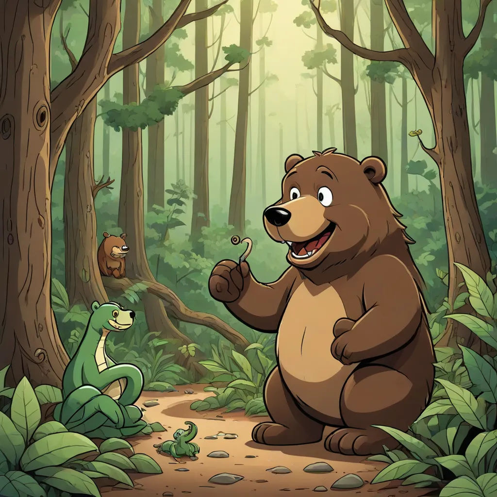 a bear and a frog in a forest with a light shining on them and a frog on the ground, environmental art, a storybook illustration, Diego Gisbert Llorens, storybook illustration