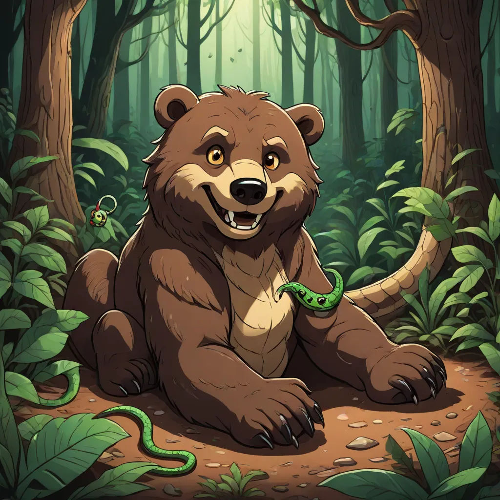 a brown bear sitting in the middle of a forest with a green snake on its back and a green snake on its leg, furry art, a character portrait, Brom, official art