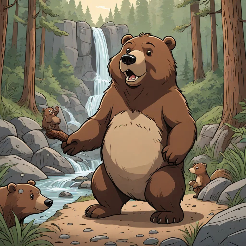 a bear standing on its hind legs in a forest with a waterfall and other bears around it, with a sky background, furry art, a storybook illustration, Chris LaBrooy, official art