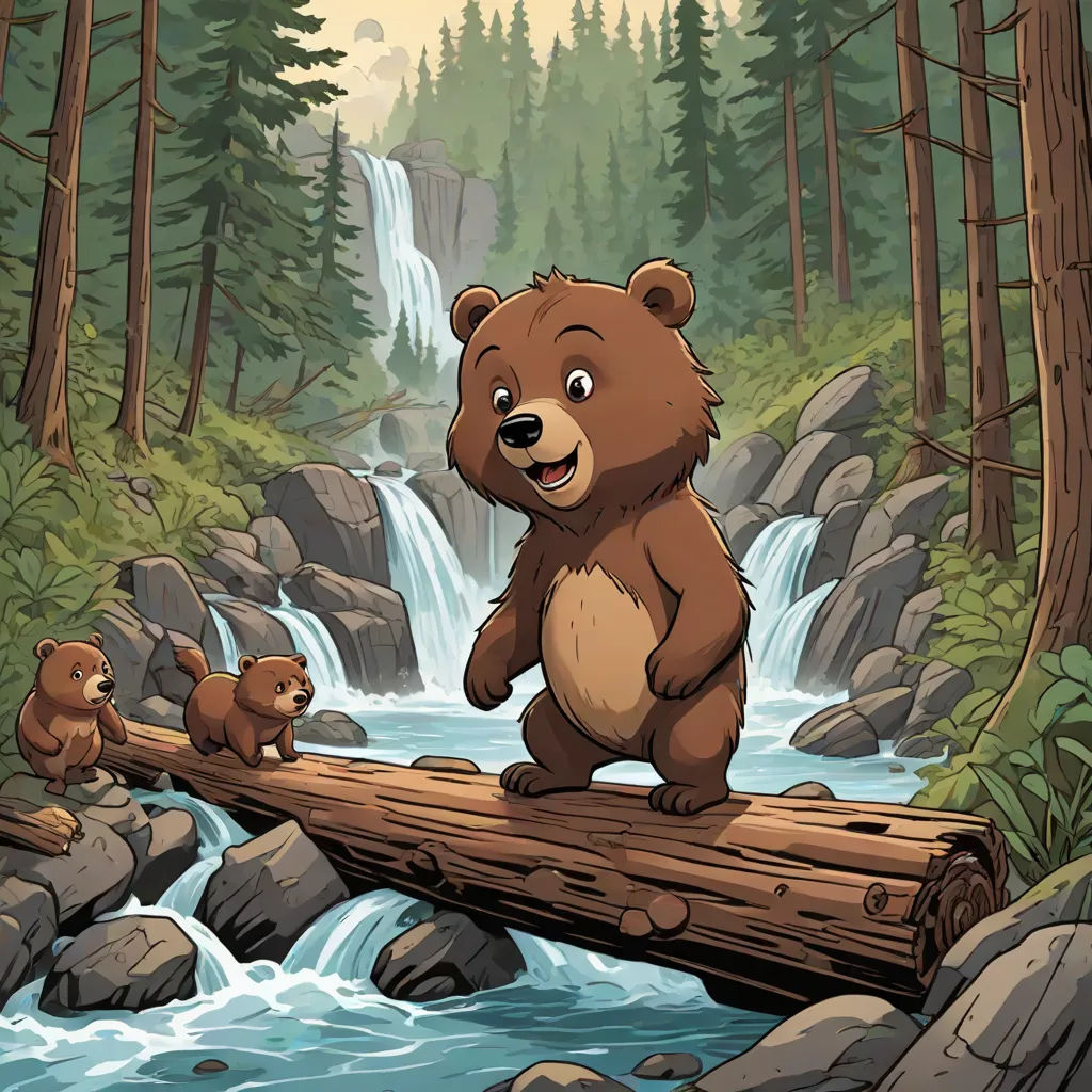 a bear and two bears are on a log in a river with a waterfall in the background and a forest with rocks and trees, environmental art, a storybook illustration, Dan Mumford, storybook illustration