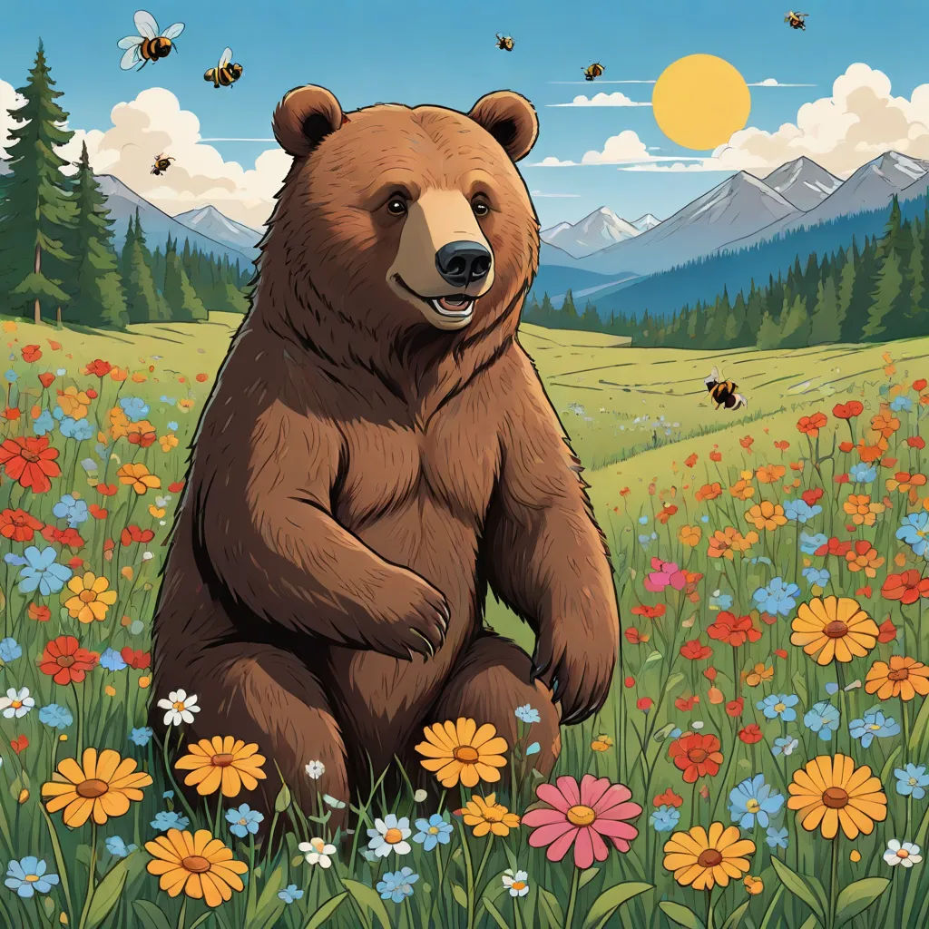 a bear sitting in a field of flowers and bees flying around it with mountains in the background and a blue sky with clouds, furry art, an album cover, Chris LaBrooy, official art