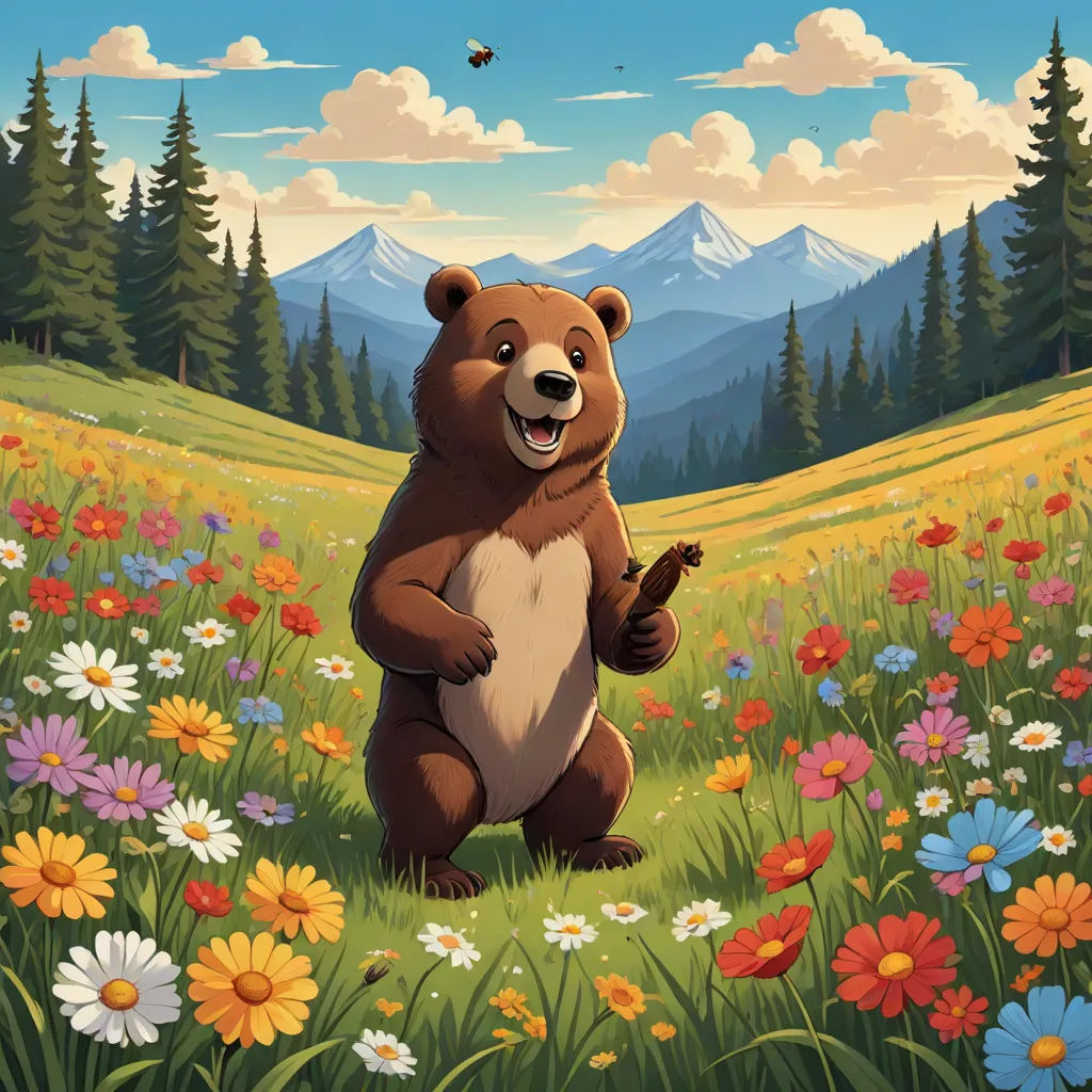 a bear standing in a field of flowers with a mountain in the background and a bee flying overhead in the sky, sots art, concept art, Chris LaBrooy, official art
