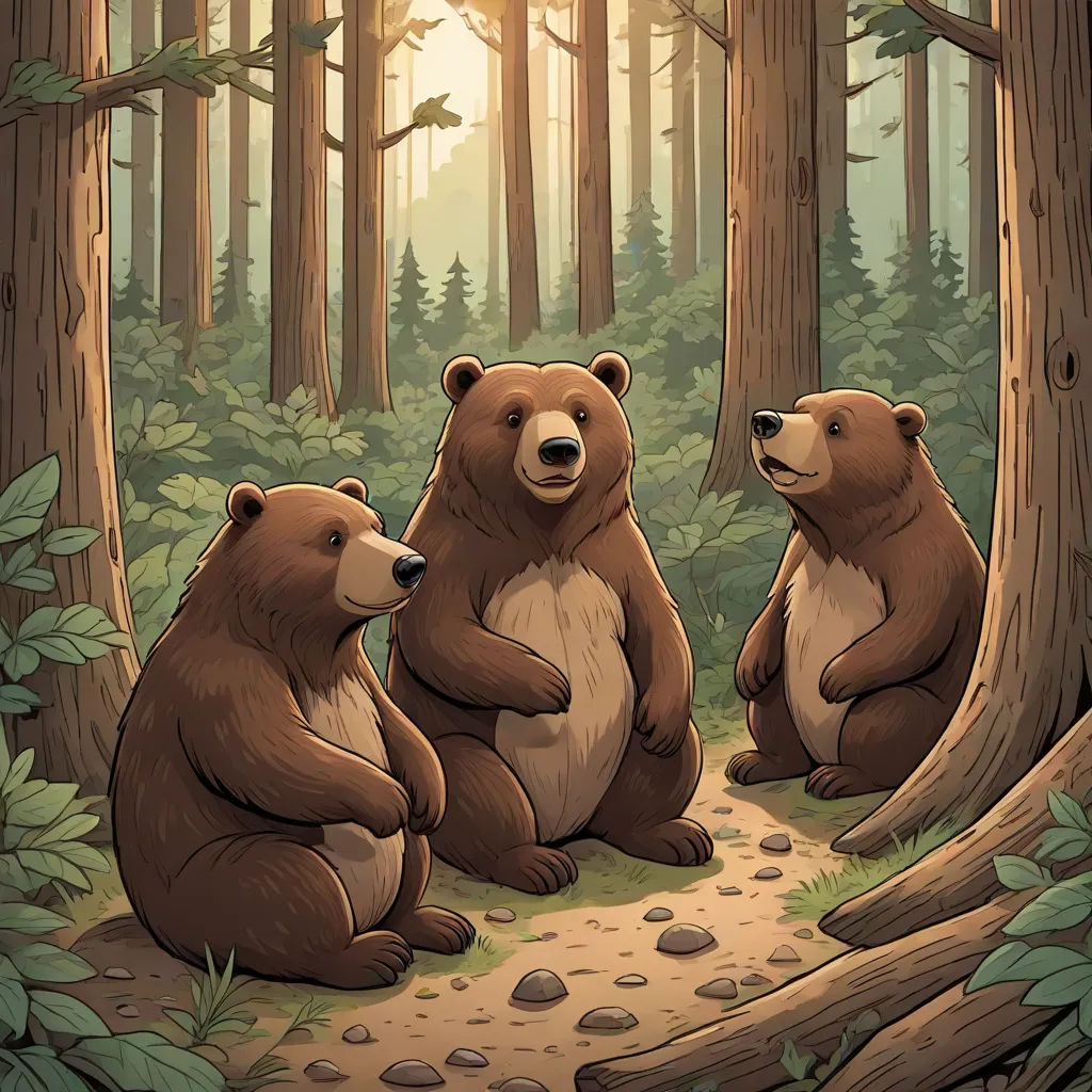 three bears sitting in the woods with the sun shining through the trees behind them and a path leading to them, furry art, a storybook illustration, Dan Mumford, official art