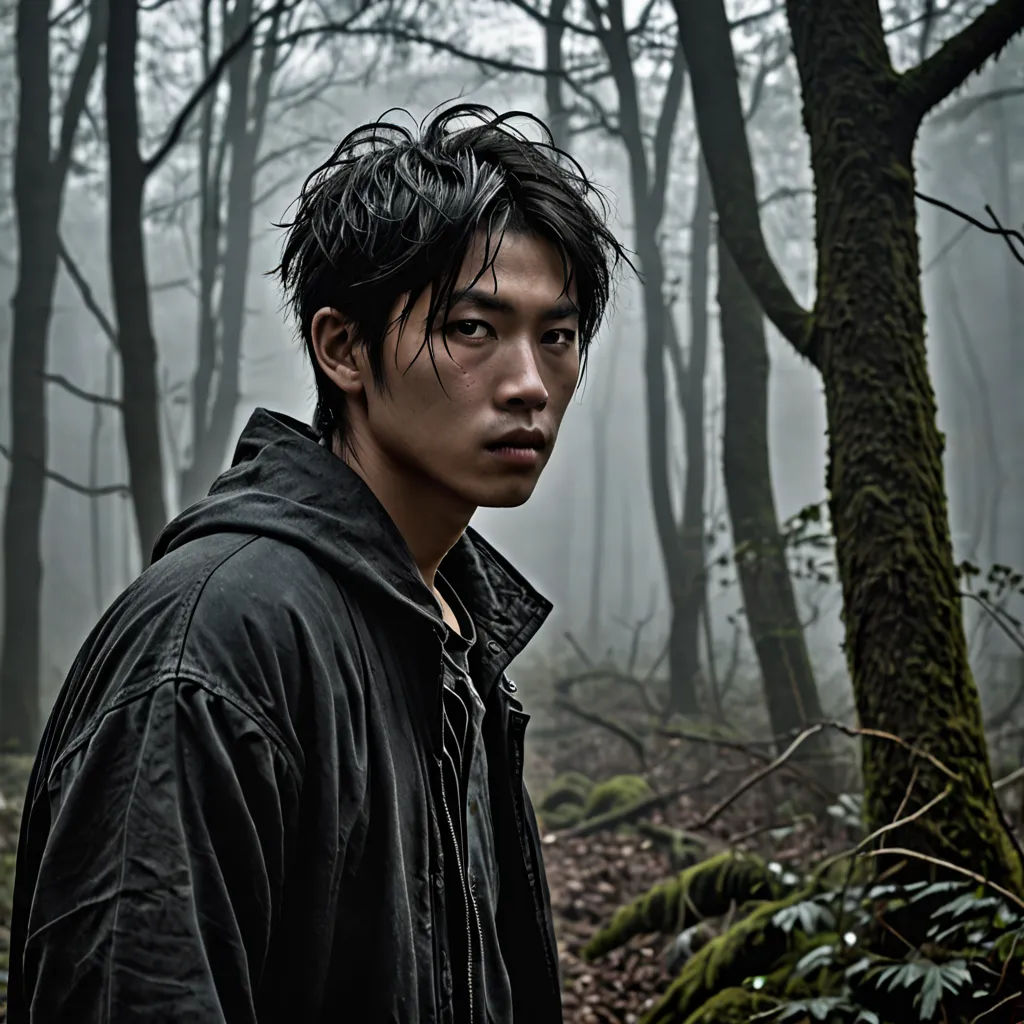 a man standing in the woods with a black jacket on and a black jacket on his head and a black jacket on his shoulders, neo-figurative, a character portrait, Eizan Kikukawa, movie still