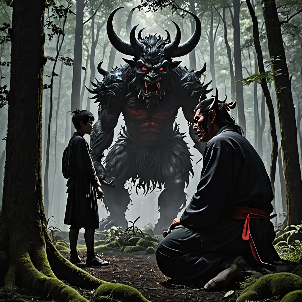 a man and a woman are sitting in the woods with a giant demon in the background, and a man in the foreground, fantasy art, poster art, Baiōken Eishun, promotional image