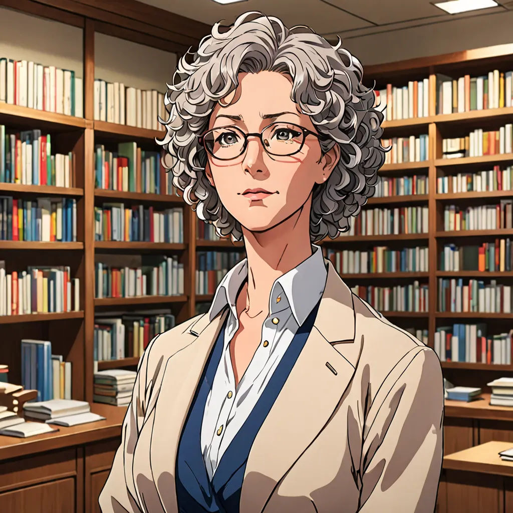 a woman in glasses standing in front of a library full of books and bookshelves with a book case behind her, remodernism, a character portrait, Eizan Kikukawa, official art