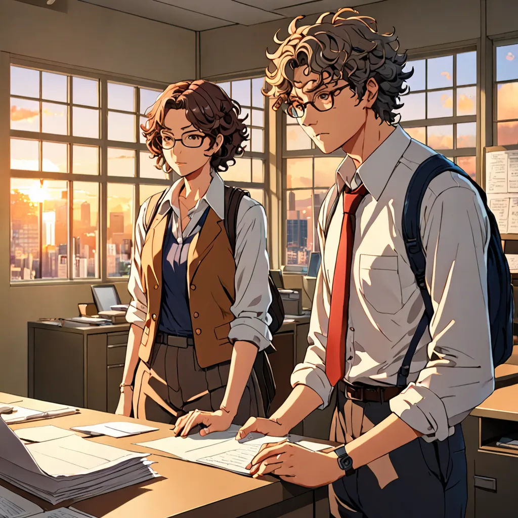 two people standing at a desk in an office setting with a city view out the window behind them,, serial art, a comic book panel, Cedric Seaut (Keos Masons), official art