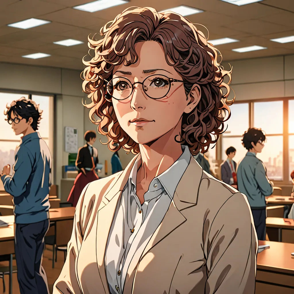 a woman in glasses standing in front of a classroom full of people in the background, with a man in a suit and tie, sots art, a character portrait, Chizuko Yoshida, official art