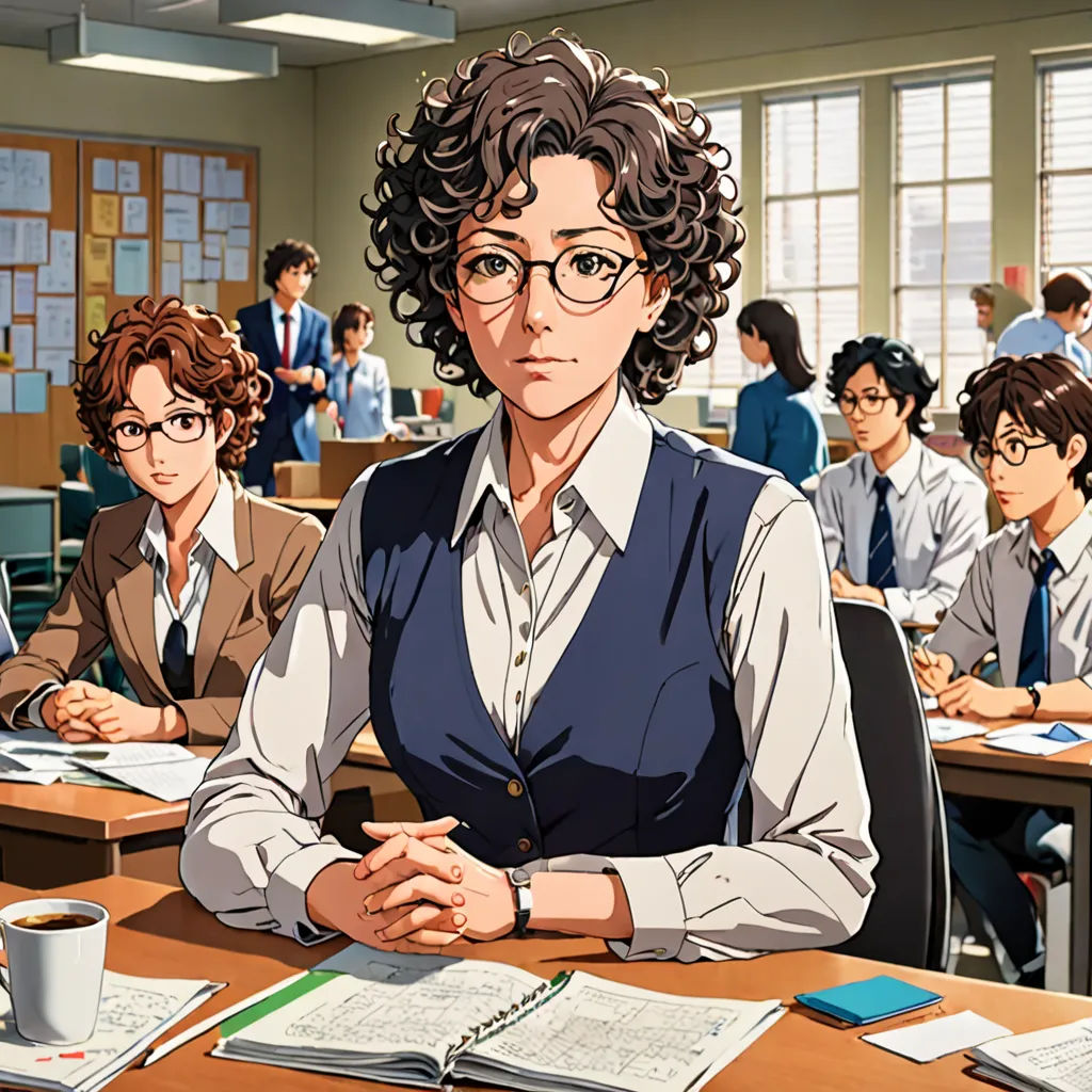 a woman sitting at a desk in front of a group of people in a classroom with papers and a cup of coffee, academic art, a character portrait, Ayako Rokkaku, official art