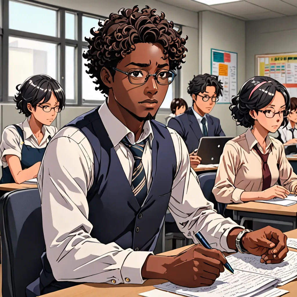 a man sitting at a desk in front of a group of people in a classroom with papers and pens, paris school, computer graphics, Adam Manyoki, official art