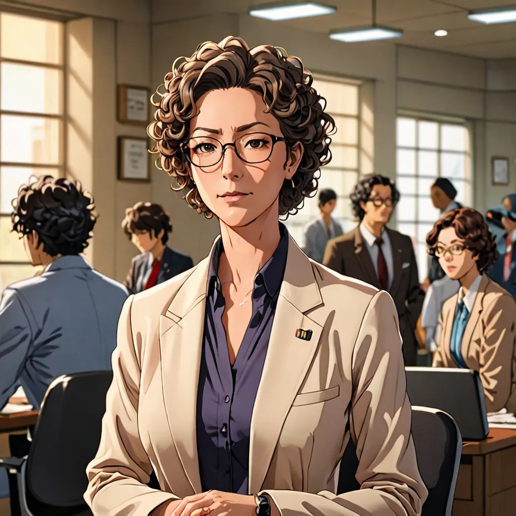 a woman in a suit and glasses standing in front of a group of people in a classroom with a laptop, sots art, a character portrait, Chizuko Yoshida, official art