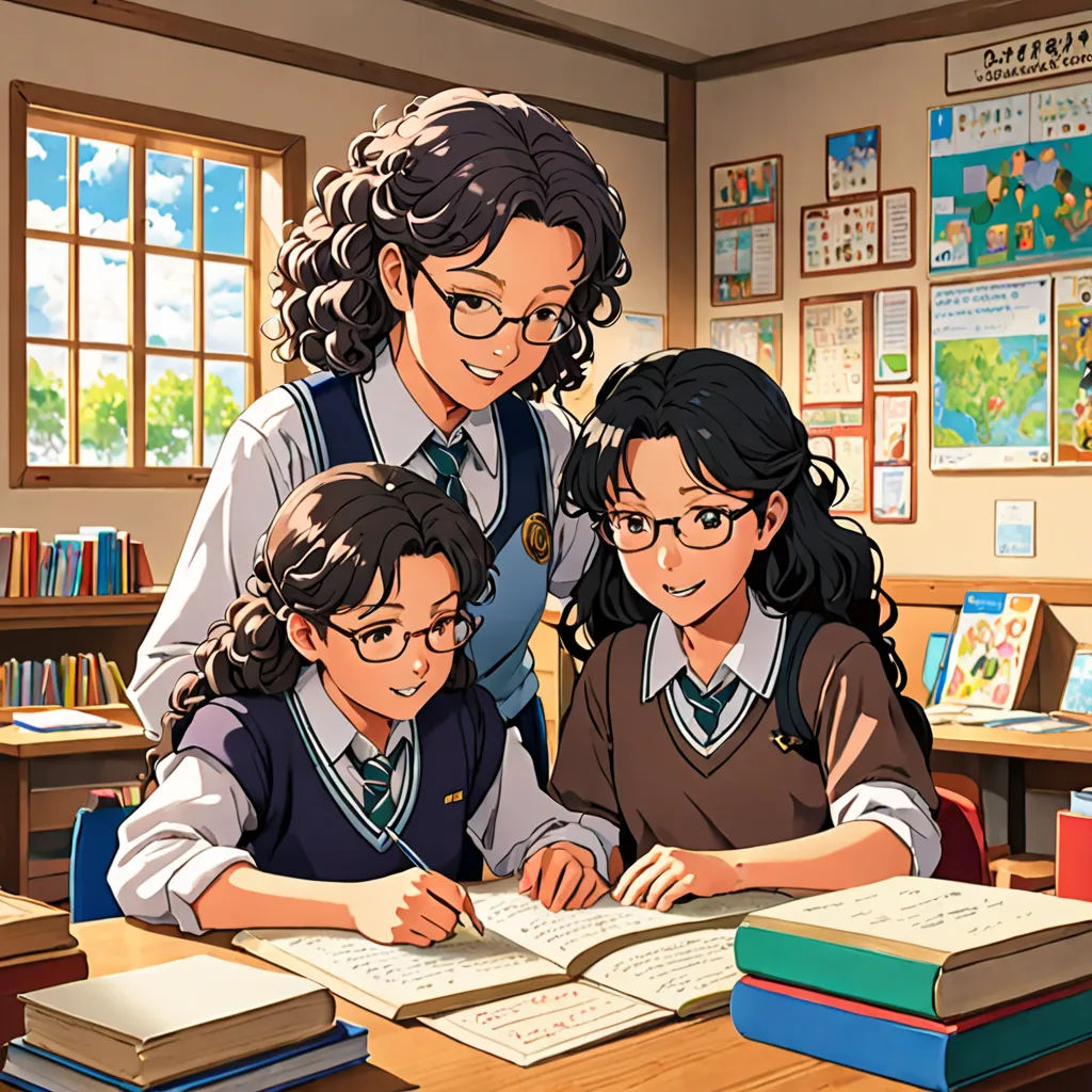 a woman and two children are sitting at a desk with books and a book bag on it, and a woman is standing behind them, remodernism, a comic book panel, Anne Said, official art