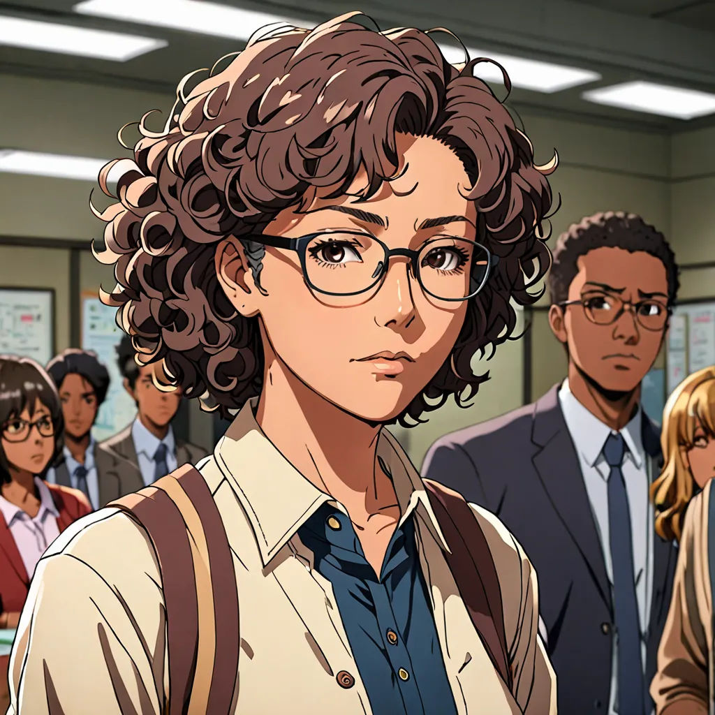 a cartoon of a woman with glasses and a backpack in a classroom with other people in the background looking at the camera, serial art, a character portrait, Ayami Kojima, official art