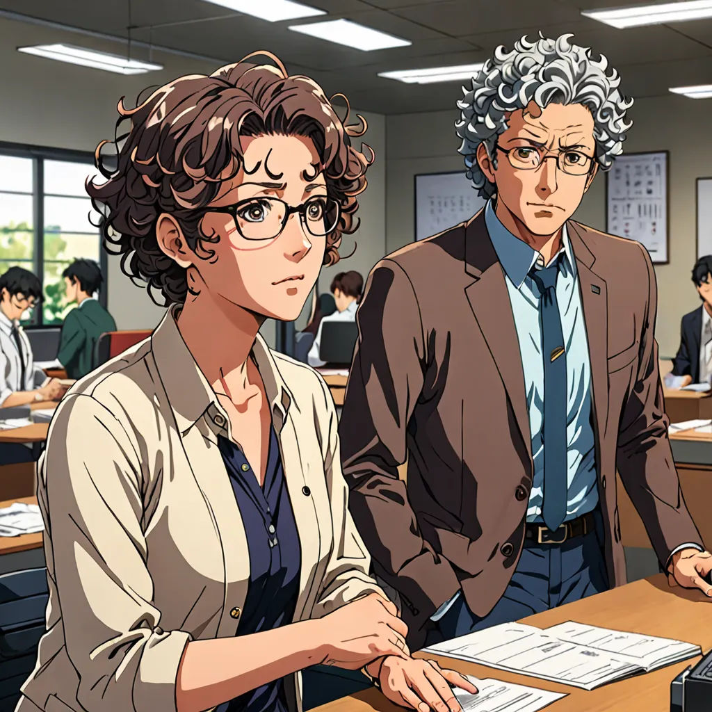 a man and a woman standing in front of a desk in an office setting with people in the background, serial art, concept art, Eizan Kikukawa, official art