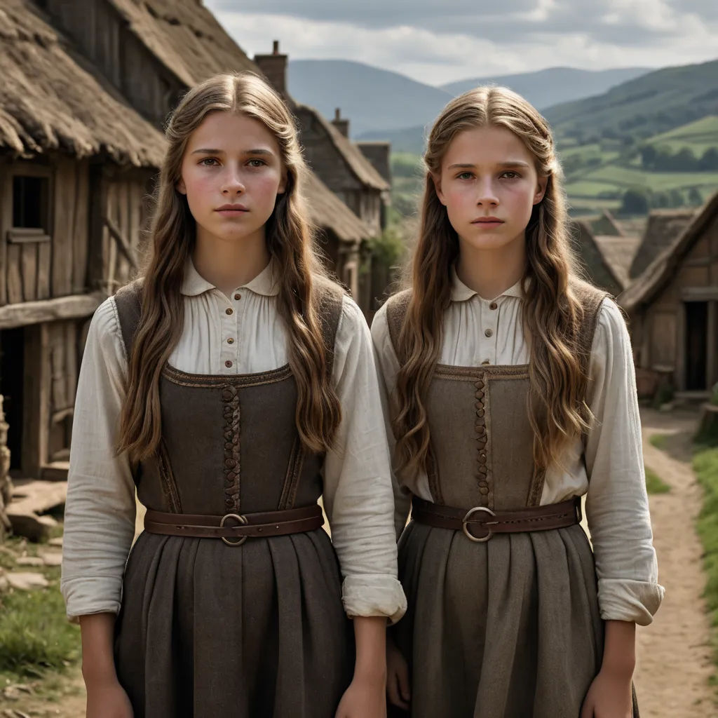 two girls in brown dresses standing in front of a village with thatched roofs and a dirt path leading to a village, antipodeans, a detailed matte painting, Anne Said, promotional image