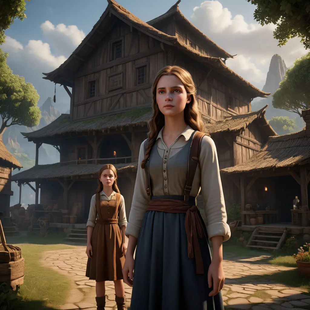 a woman and a girl standing in front of a building with a wooden roof and a stone pathway in front of it, fantasy art, a detailed matte painting, Anne Said, unreal engine 5