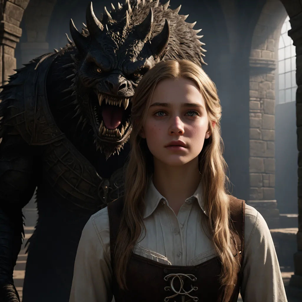 a woman standing next to a demon in a building with a giant head on it's head and a woman in a dress, photorealism, computer graphics, Clint Cearley, weta digital