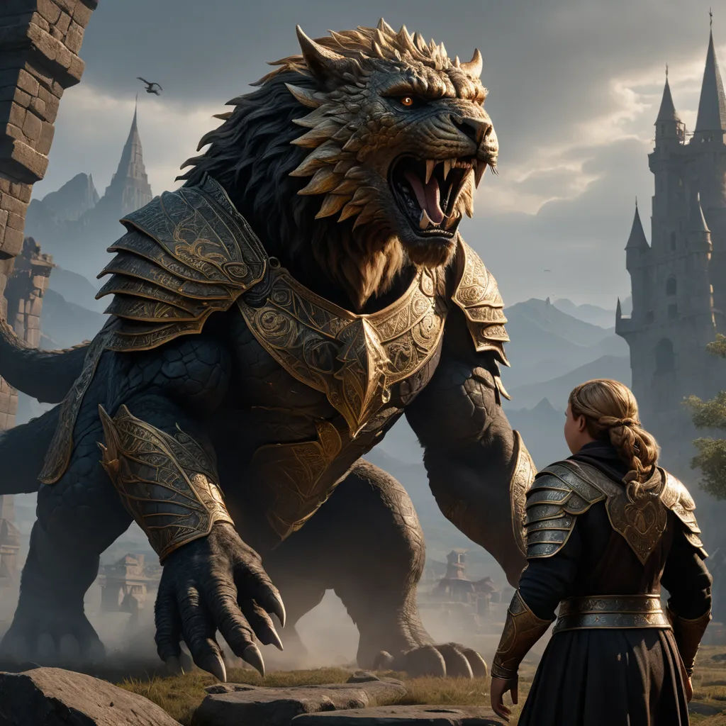 a woman standing next to a giant monster in a field of grass and rocks with a castle in the background, fantasy art, computer graphics, Chris LaBrooy, unreal engine 5