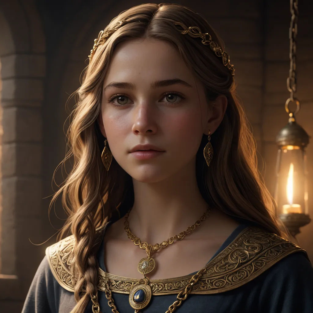a woman in a medieval costume with a necklace and earrings on her neck and a light in the background, photorealism, computer graphics, Constance Gordon-Cumming, cgstudio