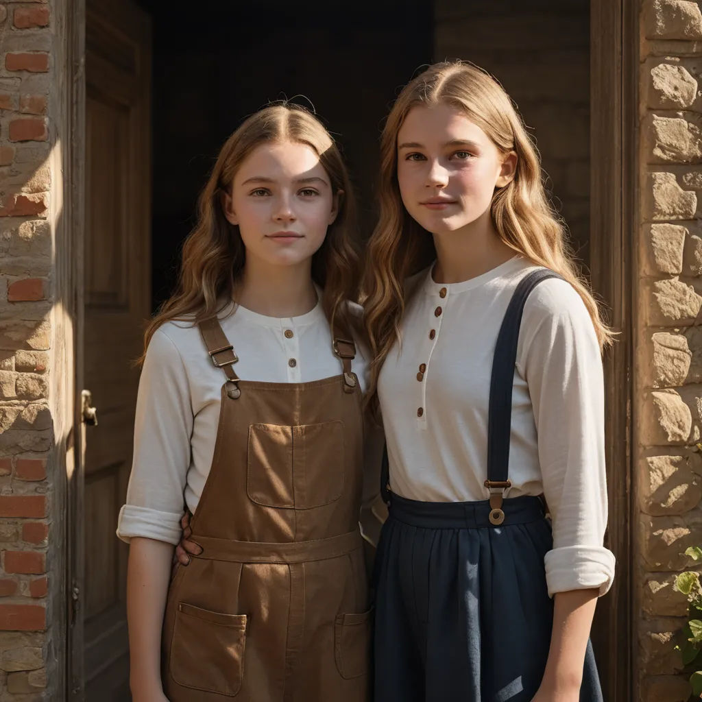two girls standing next to each other in front of a brick building with a door and window behind them, arts and crafts movement, a poster, Anne Said, promotional image