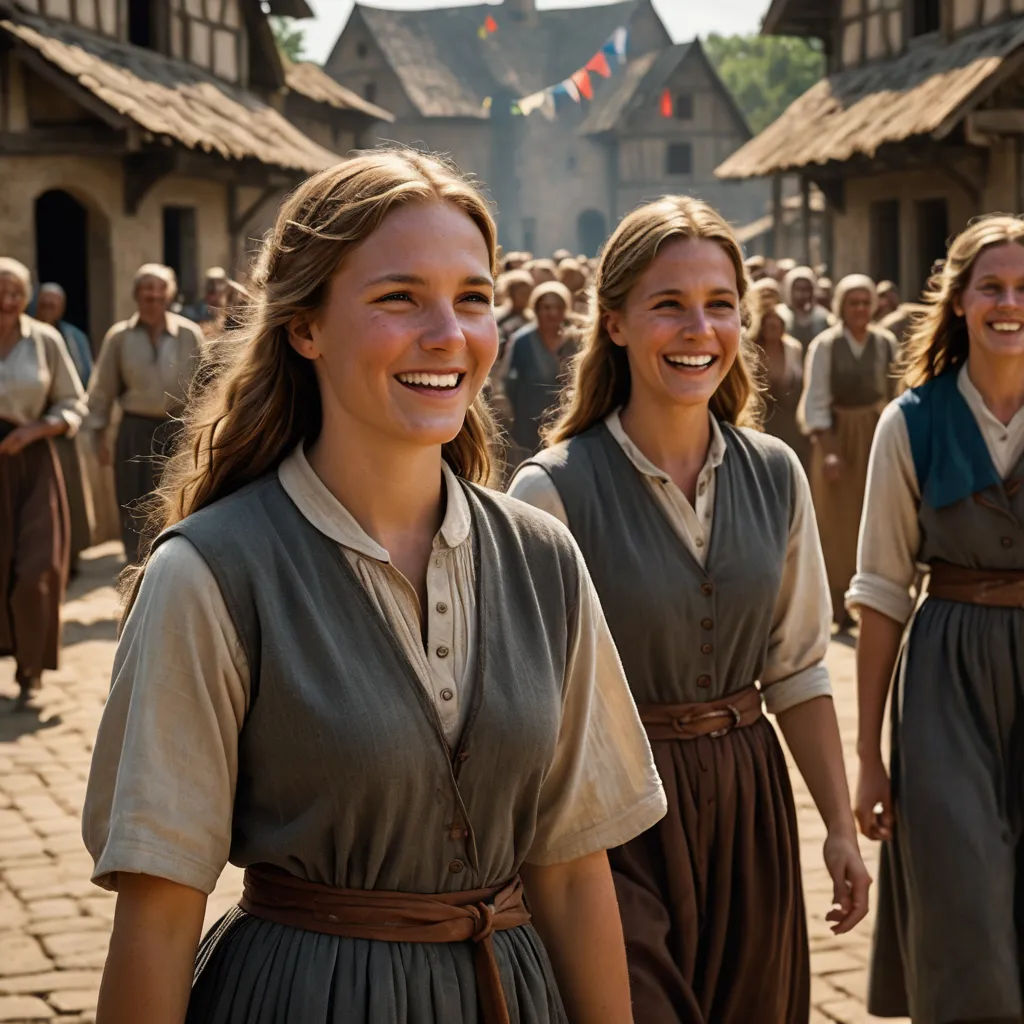 a group of women standing next to each other on a street near a crowd of people in medieval dress, antipodeans, a renaissance painting, Anne Said, promotional image