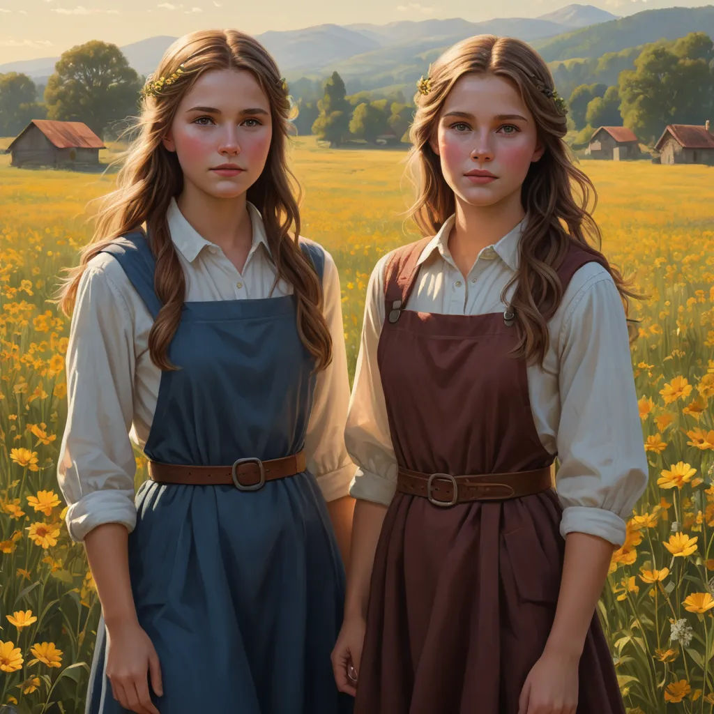 two girls standing in a field of flowers with a house in the background and a field of yellow flowers, american scene painting, a hyperrealistic painting, Andrea Kowch, extremely detailed oil painting