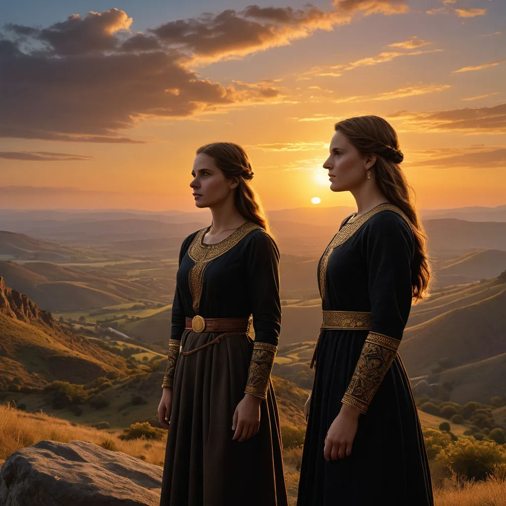 two women in medieval dress standing on a hill at sunset with a view of the hills behind them and a valley in the distance, dau-al-set, a detailed matte painting, Amanda Sage, promotional image