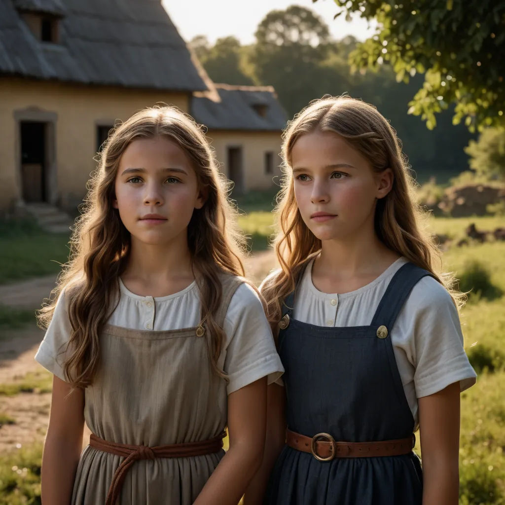 two young girls standing next to each other in front of a barn and a field with a house in the background, antipodeans, a detailed matte painting, Anne Said, movie still