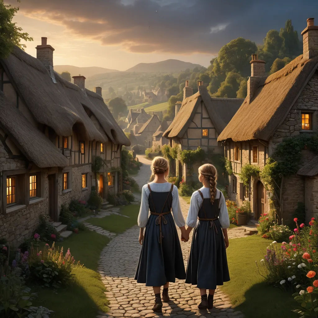 two women in dresses walking down a cobblestone road towards a village with thatched roofs and thatched houses, arts and crafts movement, a detailed matte painting, Brothers Hildebrandt, promotional image