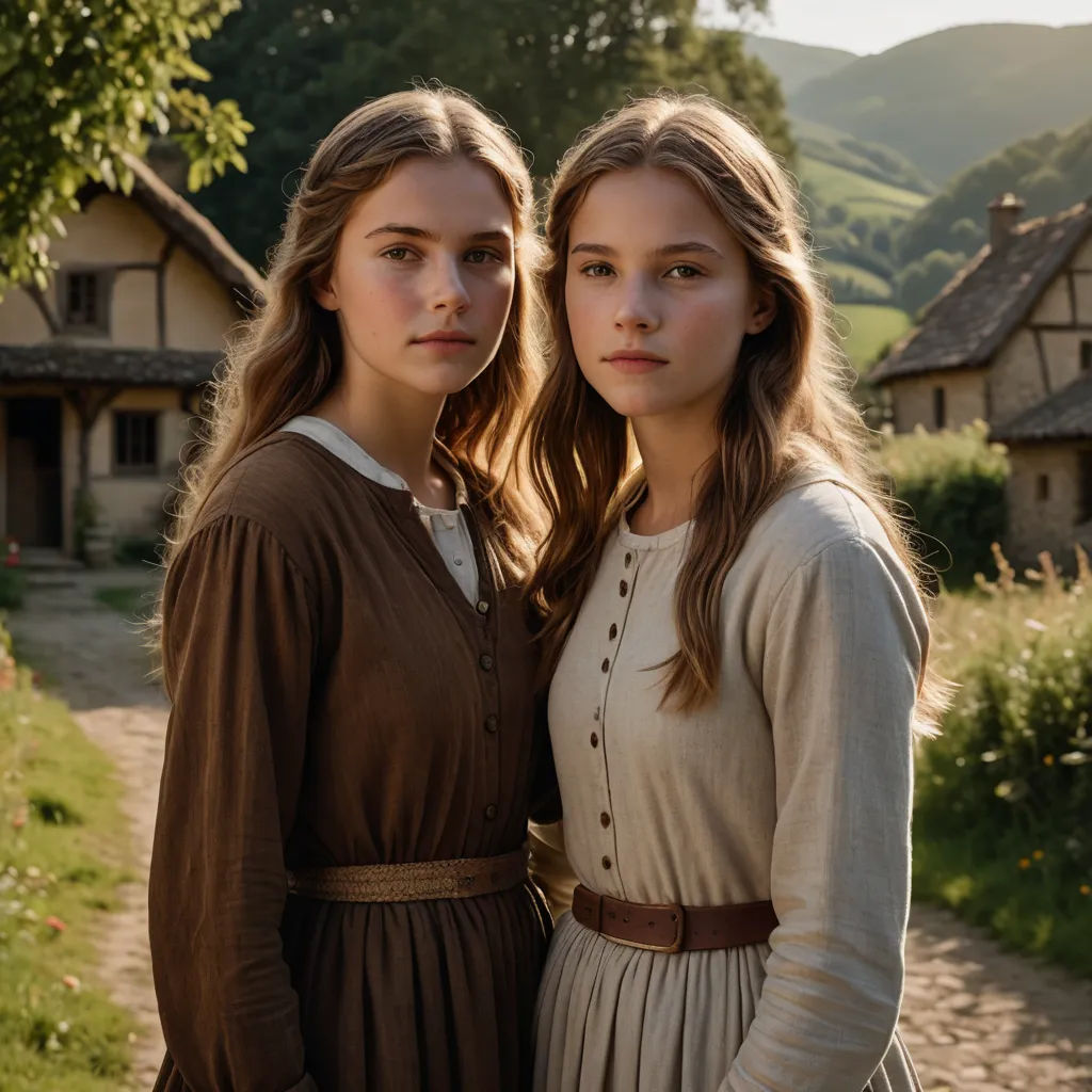 two girls standing next to each other in front of a house with a mountain in the background and a path leading to the house, german romanticism, a poster, Anne Said, promotional image